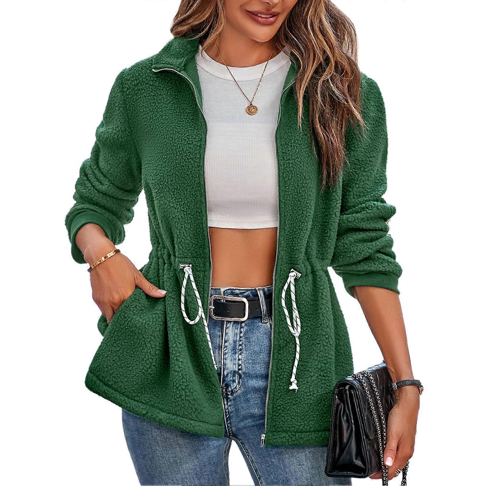 Plush Jacket Long Sleeve Drawstring Tie Waist Stand Collar Casual Coat Solid Color Top Green L