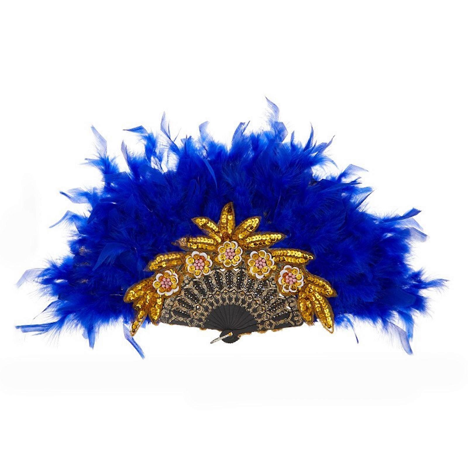 Vintage Fjäder Hand Fläkt Bröllop Dans Vikningar Fläkt Elegant Stor Fjäder Handdatorer Dans Show Fotografi Rekvisita Royal Blue