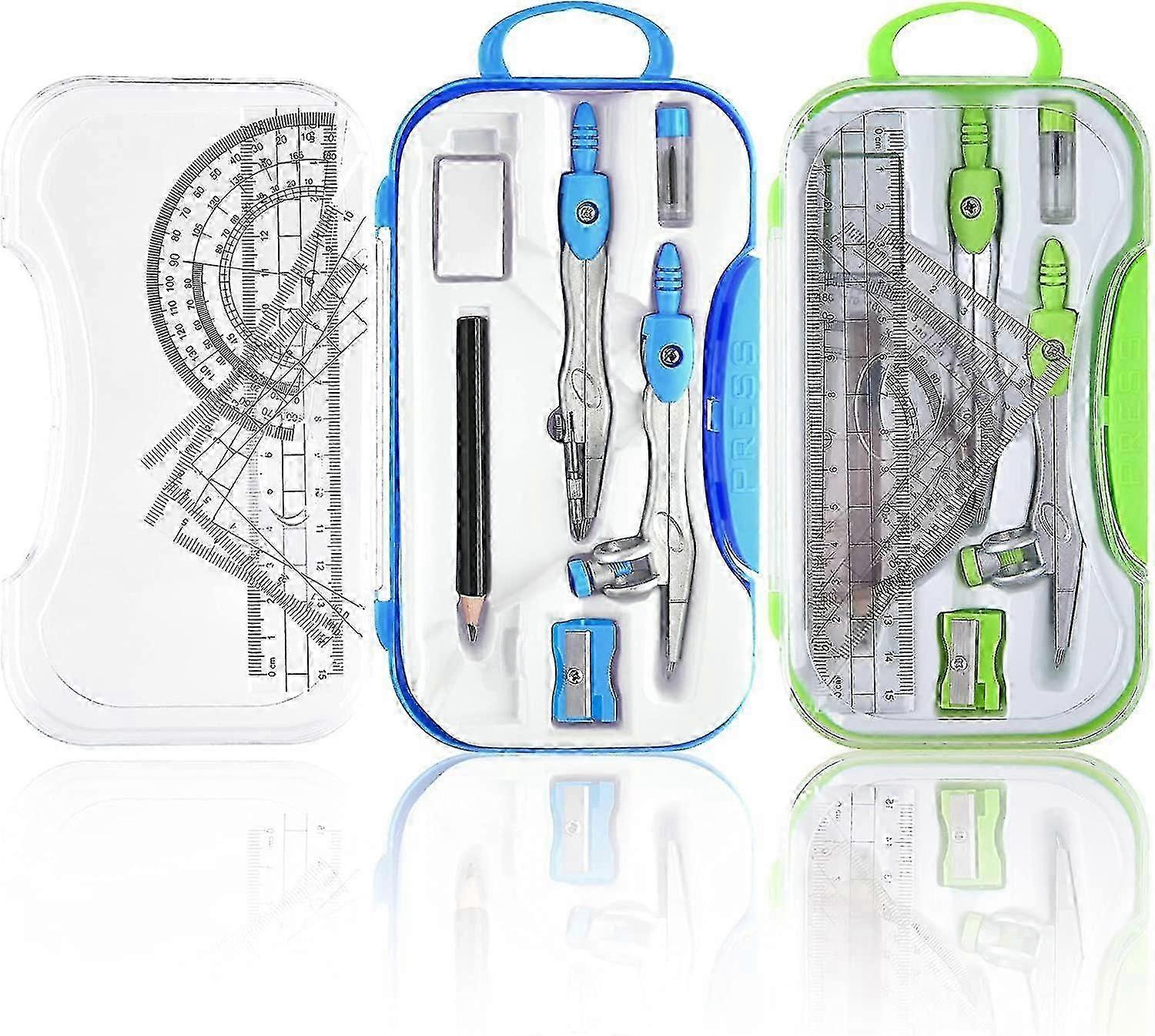 Compass Ruler Set Triangle Ruler Protractor Drawing Tool Set (Green+Blue)