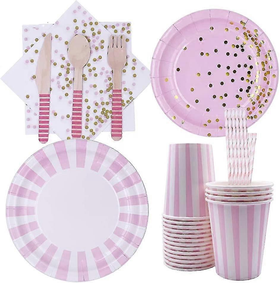 128 Disposable Tableware Party Set, Pink Paper Tableware Set, Disposable Bronzing Cutlery Set