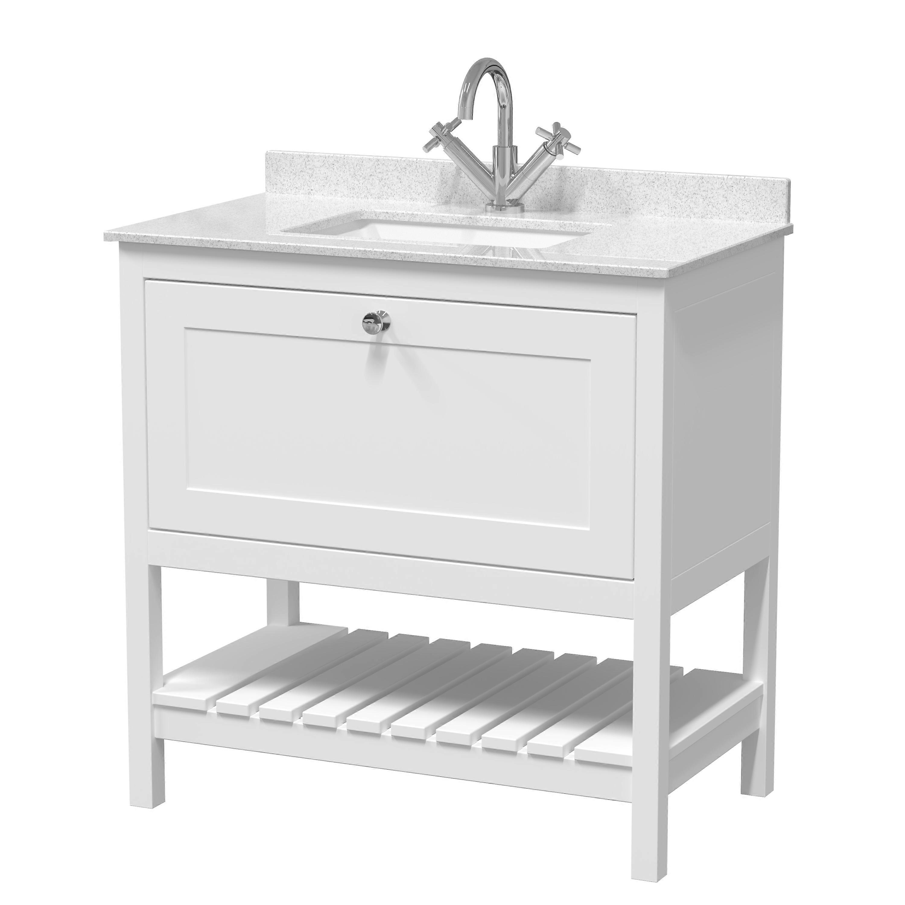 Traditional Furniture Floor Standing 1 Drawer Vanity & 1 Tap Hole Marble Worktop & Basin, 800mm, Pure White Faucet