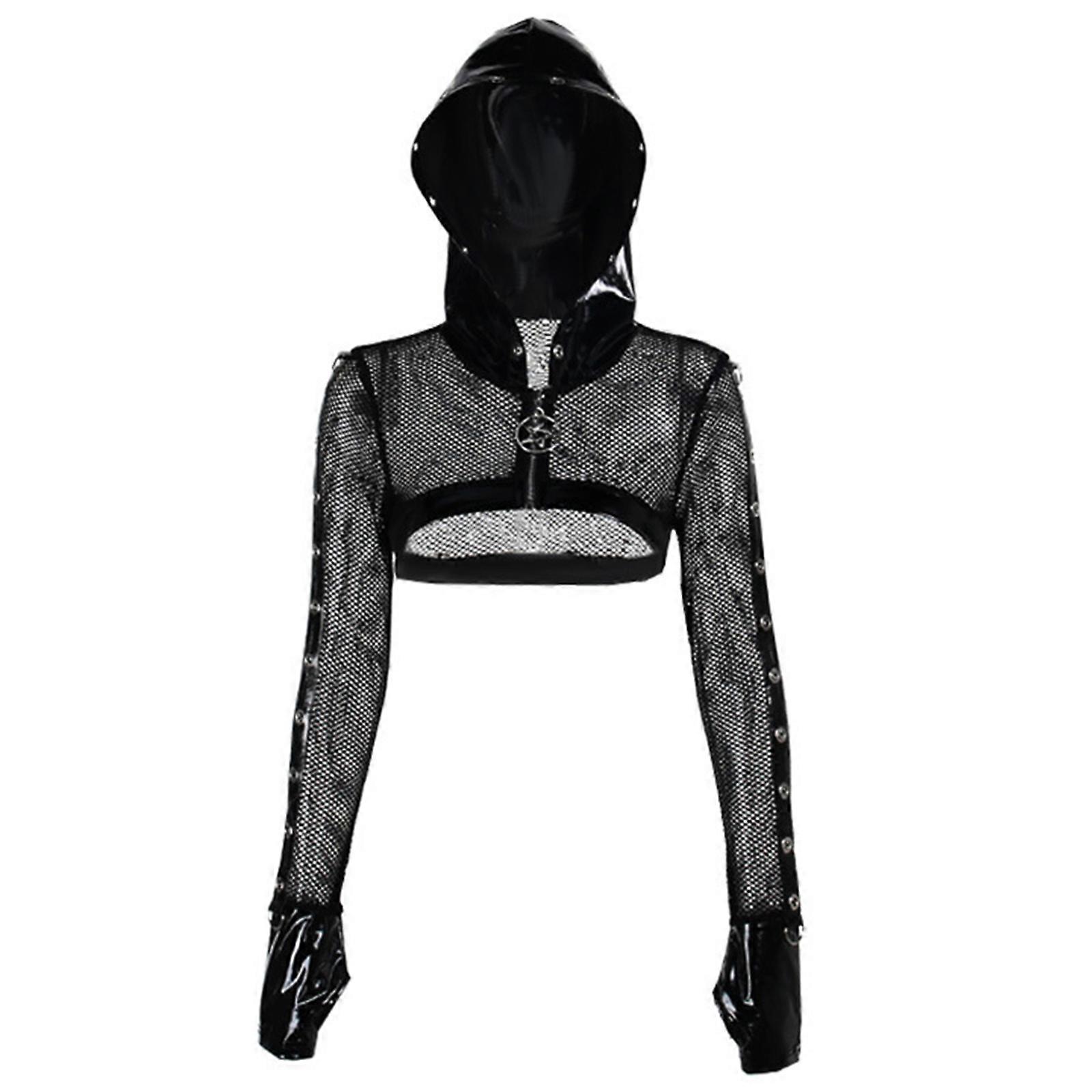 Womens Solid Black Long Sleeve Pullover Crop Top Hoodie Mesh Patchwork Sweatshirt Zipper Pullover Tops  M