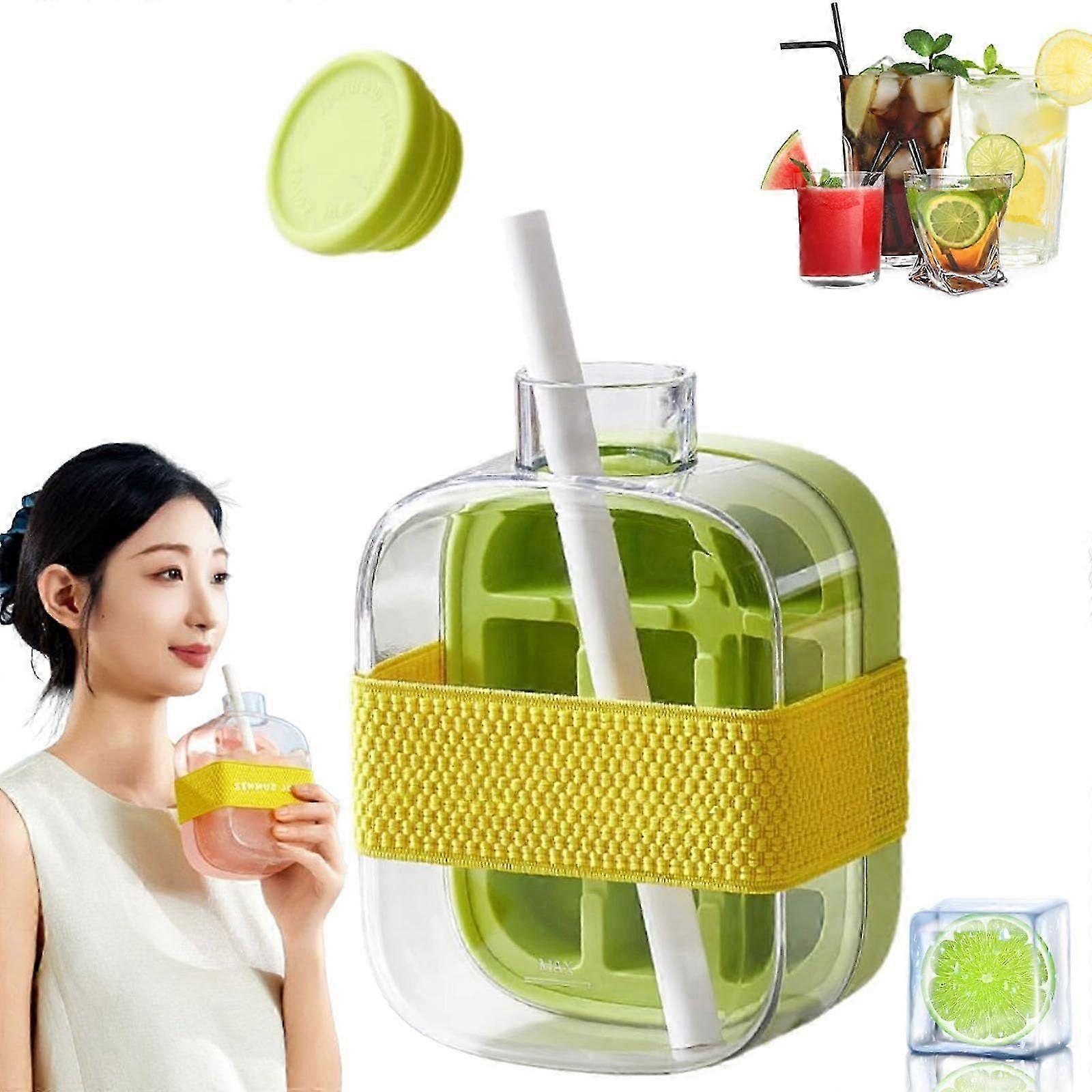 2-in-1 Ice Cube Tray Water Bottle with Straw, Touch-Free Easy-Release Freezer Bottle, Gym Ice Mold Water Bottle for Juice Coffee