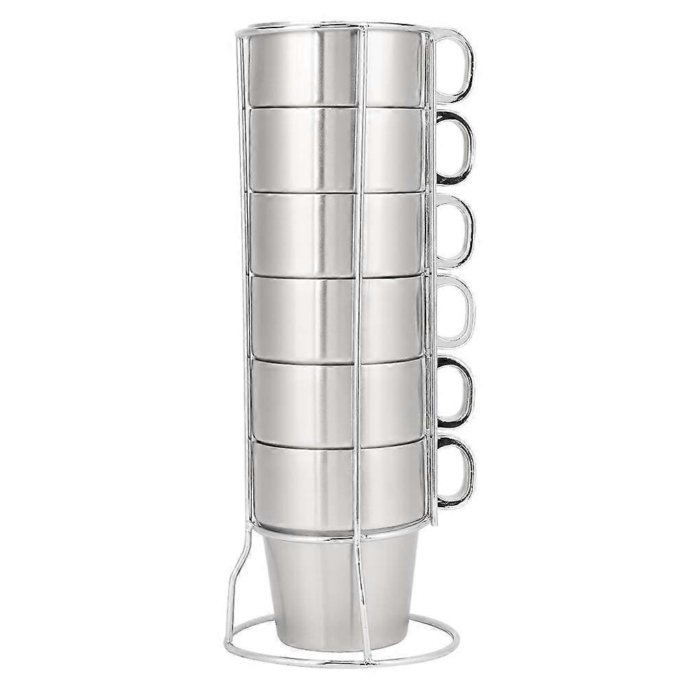 Pack of 6 Stackable Stainless Steel Insulated Camping Coffee Cups with Handle, 300ml and 284ml Capacity, Includes Rack