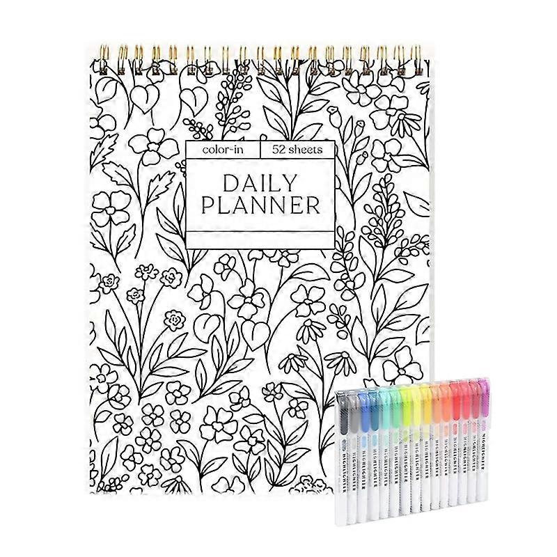 Color-In Spiral Notebook Daily Planner With 15 Color Highlighter Pen For Classroom Office Plan Work Schedule Checklist