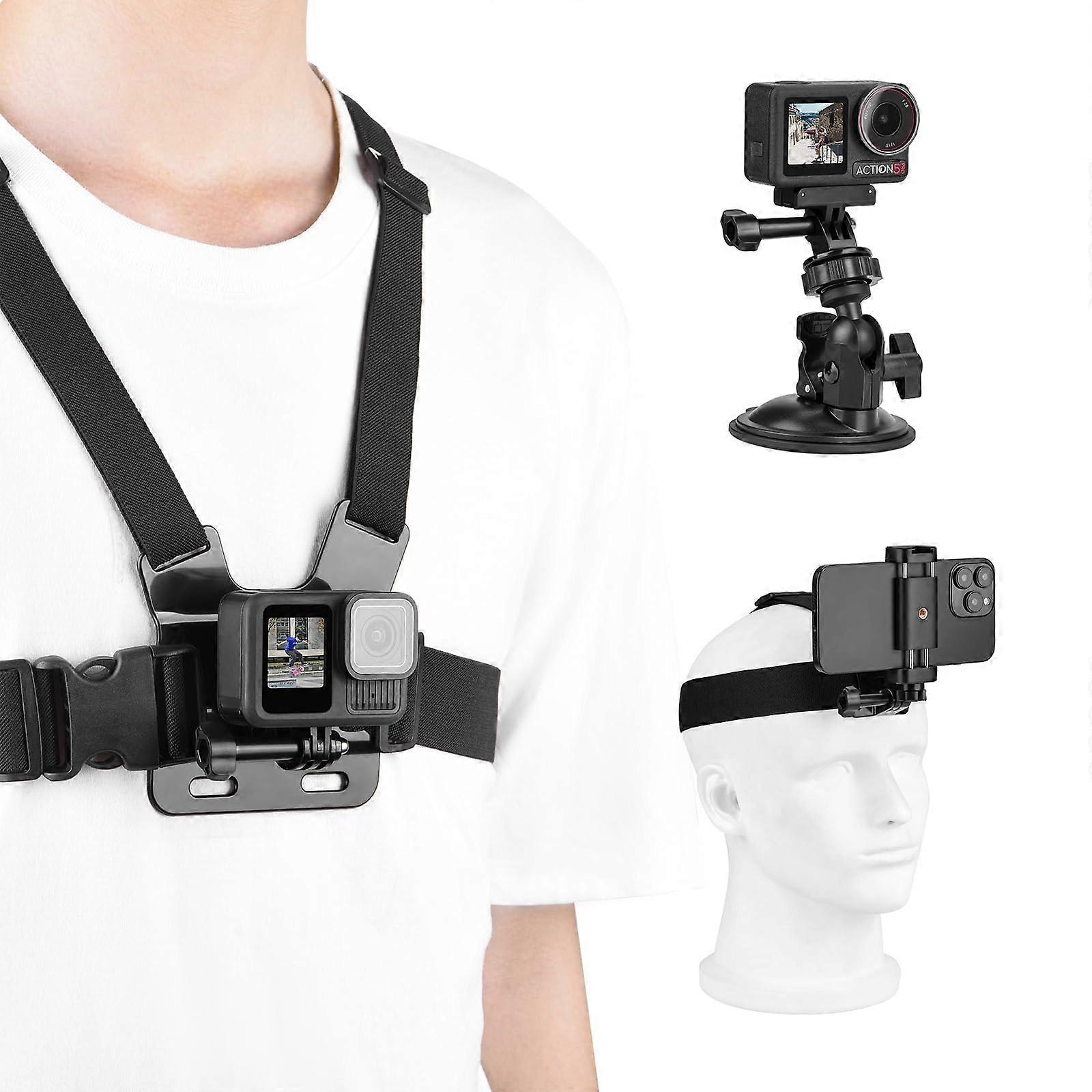 Chest Harness Mount Kit for GoPro and iPhone, Adjustable Head Strap Body Mount, Suction Cup Holder, Compatible with All Models