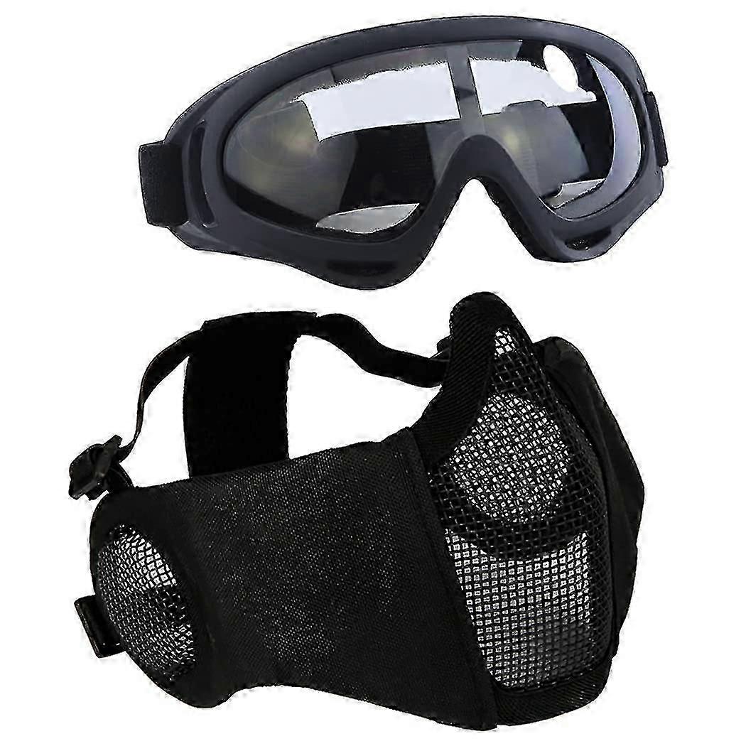 Airsoft Protective Kit with Mesh Half Mask, Earmuffs, and Goggles - For Cs, Hunting, Paintball, Shooting (Black)