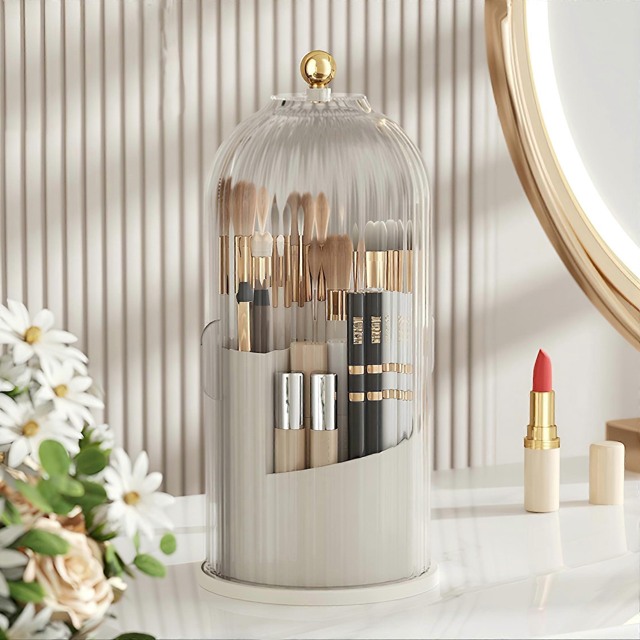 B-H1 Makeup Brush Holder with Dustproof Cover, 360 Degree Rotating Organizer for Vanity and Bathroom, Transparent Design