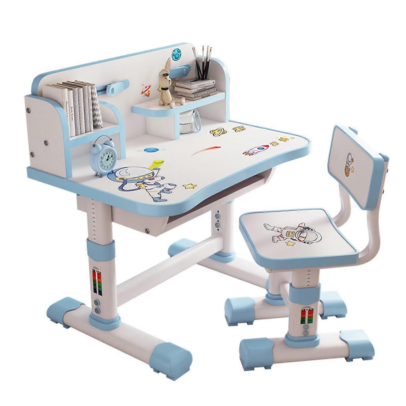 Kids Functional Desk and Chair Set Height Adjustable, Blue Drafting Desk With Cartoon Pattern Study Desk Chair Set