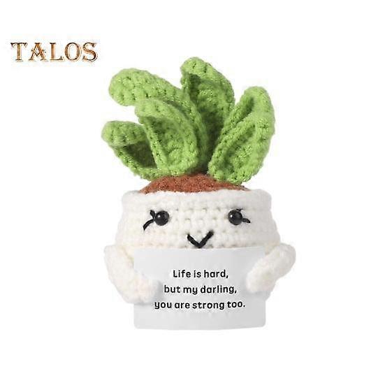 Crocheted Doll Cactus Succulent Doll with Cheer-up Card Tabletop Ornament Positive Crochet Figurine for Home Office Decor