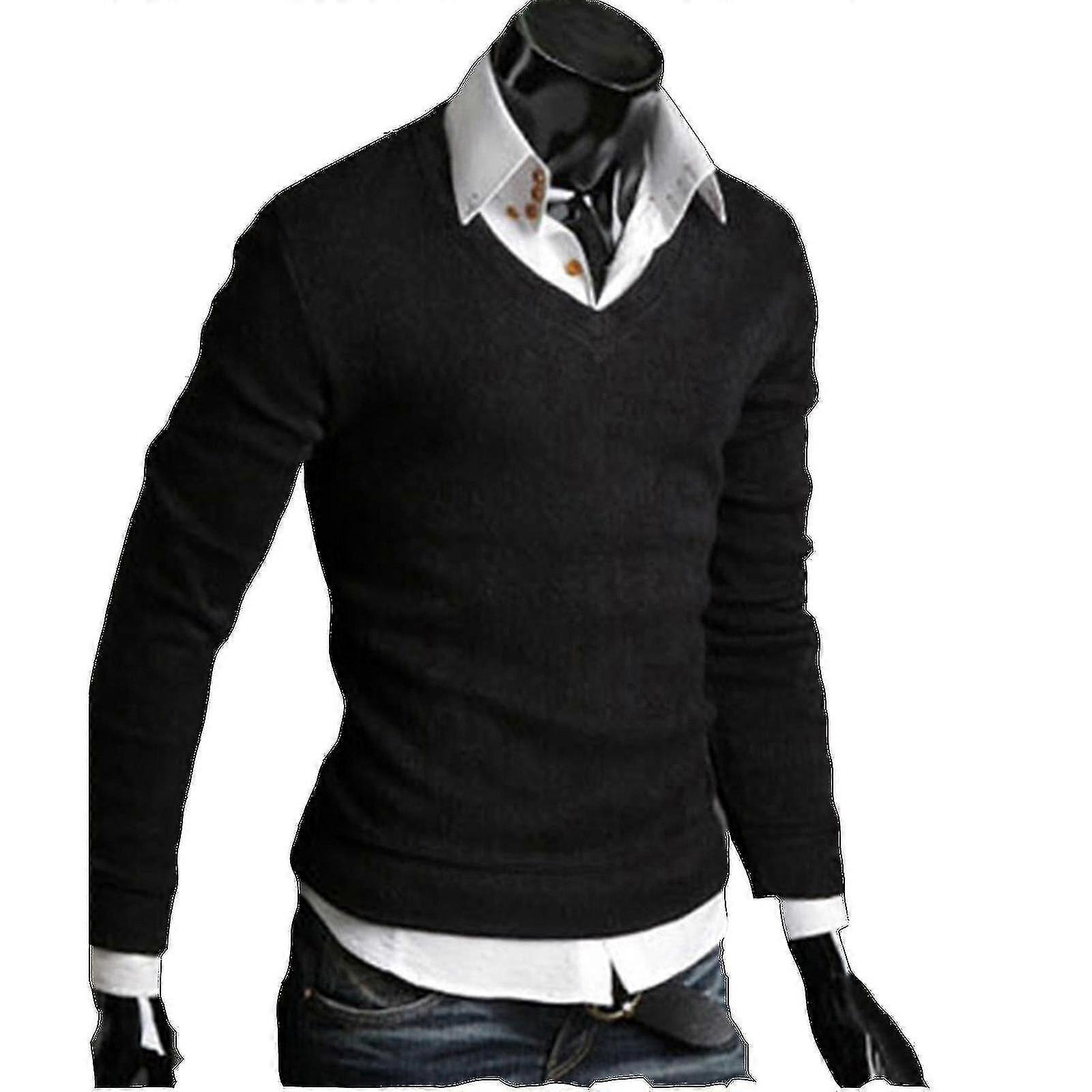 Men Plain V-neck Knitted Jumper Pullover Sweater