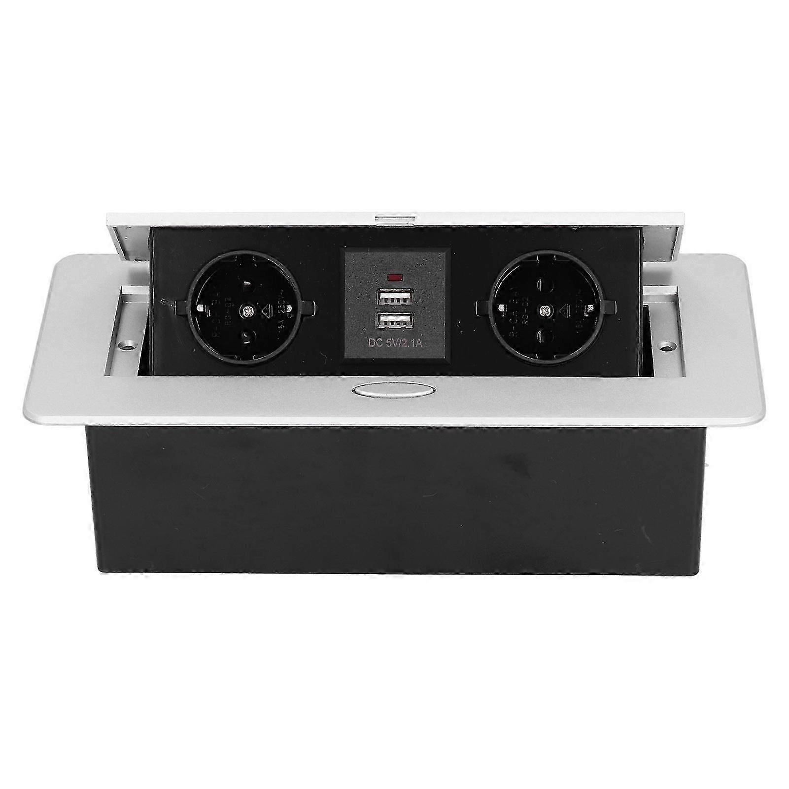 Recessed Power Socket with 2 Outlets 2 USB EU Plug AC 250V 16A IP40 Silver