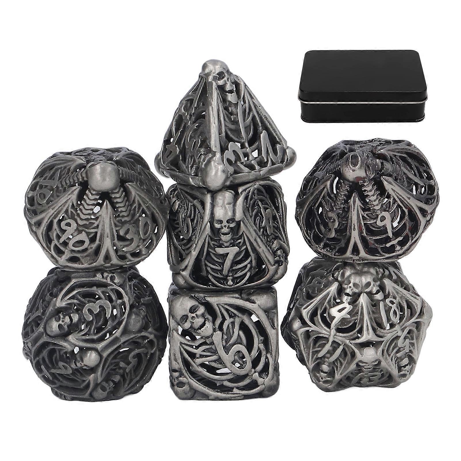 7pcs Hollow Skull Pattern Portable Exquisite Metal Polyhedral Dice Set Props for Board Card Game