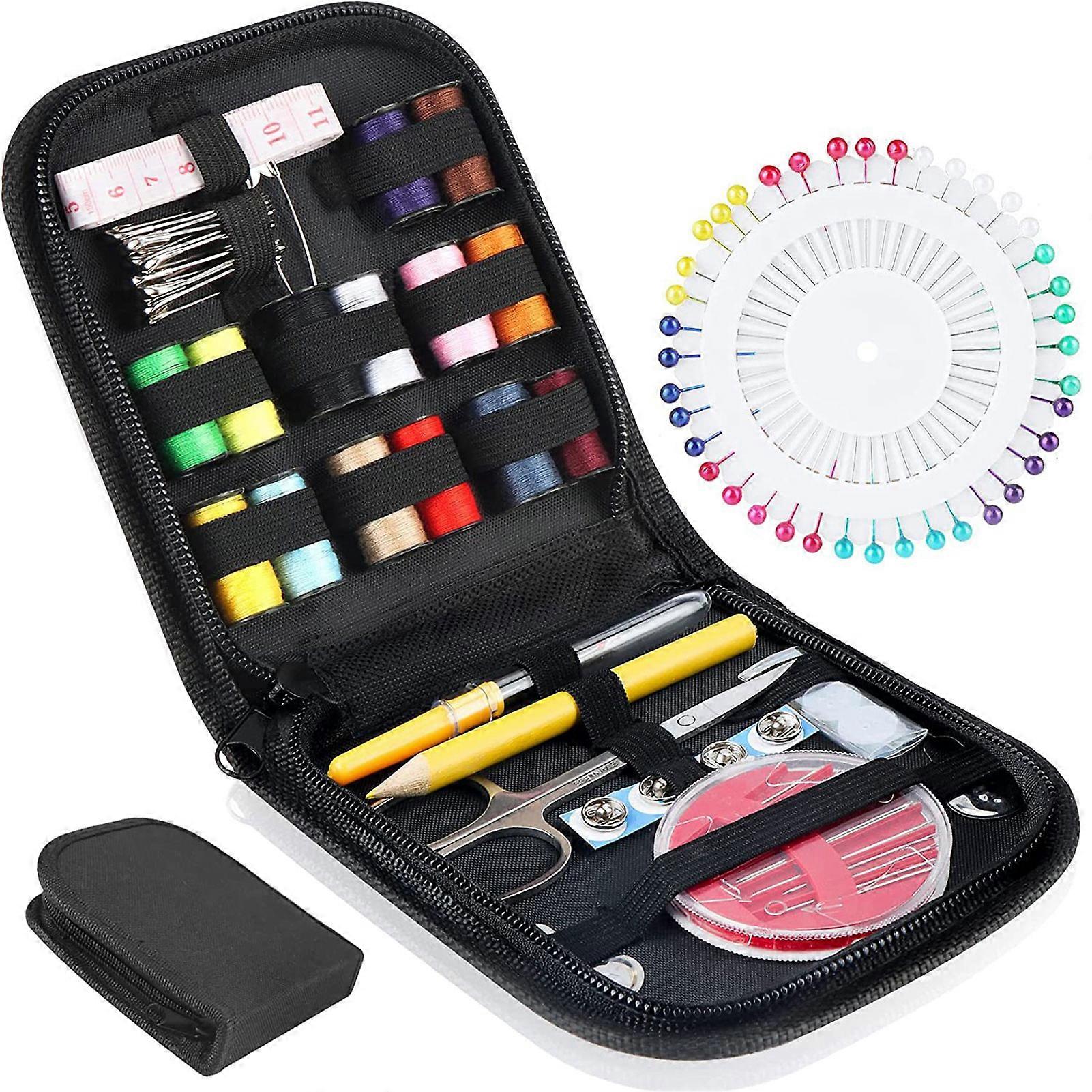 Sewing Kit with Carrying Case Contains Thread Scissors Needles Leather Ruler