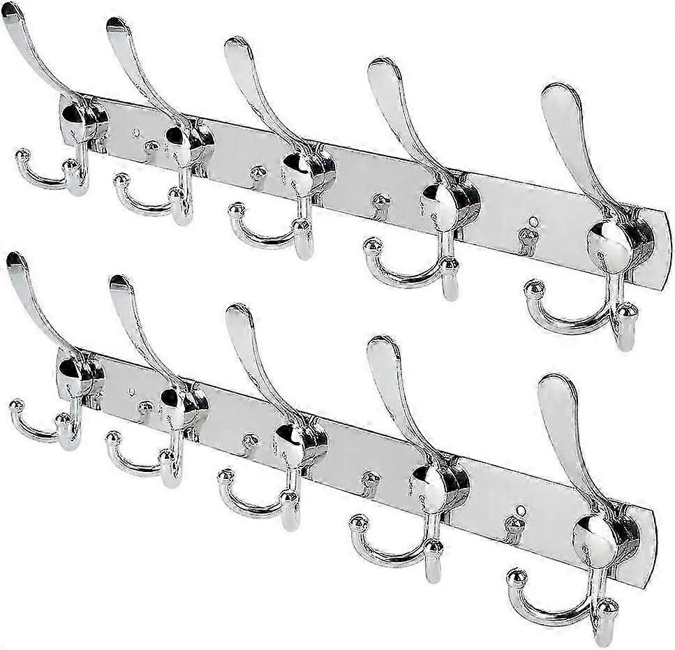 Stainless Steel Wall Hook Coat Rack for Coats, Towels, and Hats - Silver Finish, Pack of 2 with 15 Total Hooks