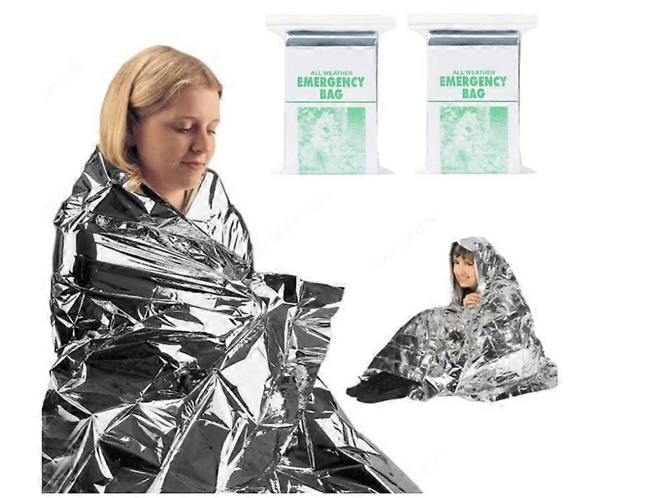 2Pcs Emergency Blanket Reflective Thermal Survival Blankets Windproof Waterproof for Outdoor Camping, Hiking, Survival, Sun Protection(Silver)