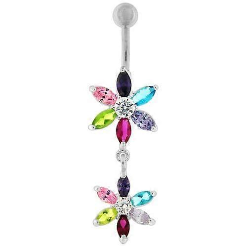 Silver Jewelled Flower Dangling Ss Curved Belly Ring