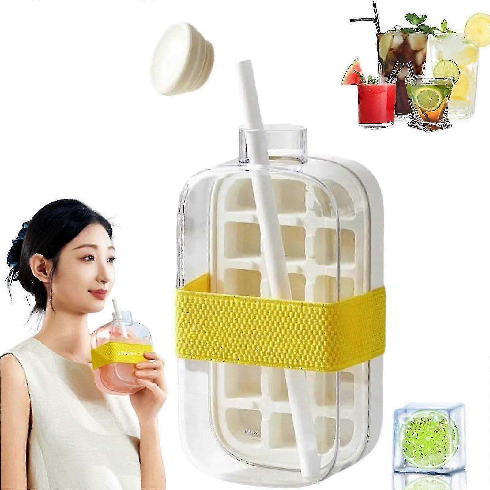 2-in-1 Ice Cube Tray Water Bottle with Straw, Touch-Free Easy-Release Bottle for Gym Juice Coffee