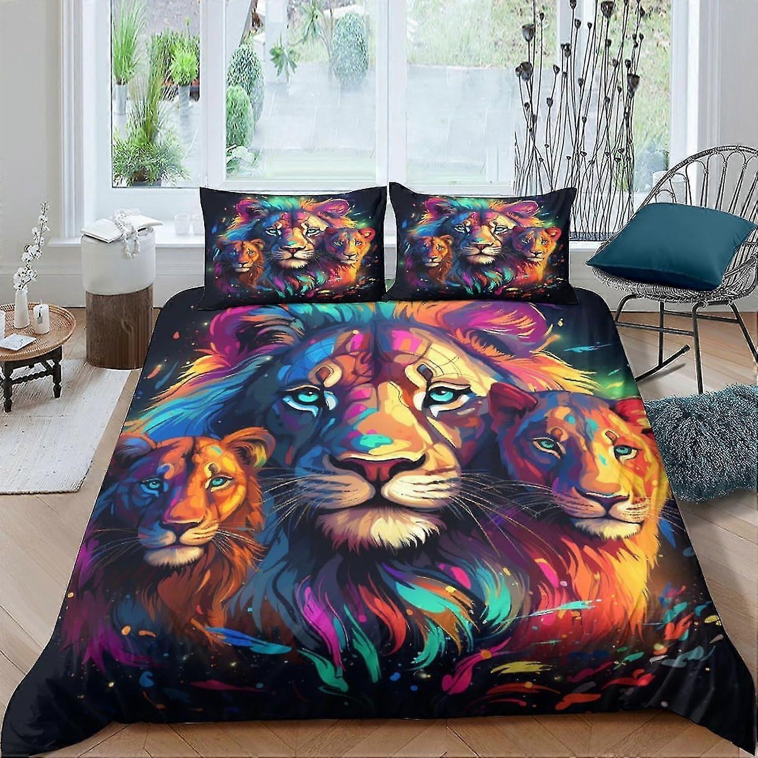 Conjunto de cama de leão impresso em 3D com fecho de zíper Capa de colcha de microfibra macia hipoalergênica e fronhas