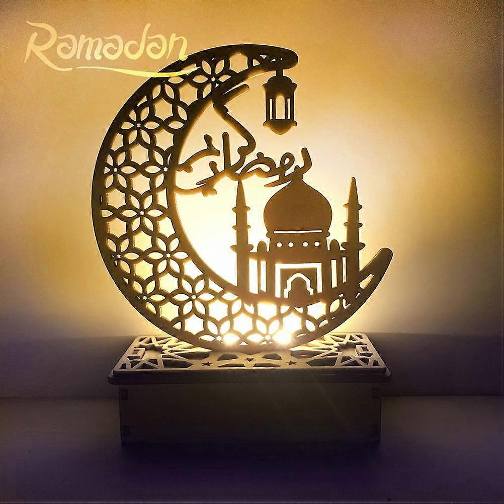 LED Eid Ramadan Hollow Decorations Openwork Carving Wooden Light Durable Table Light Crafts