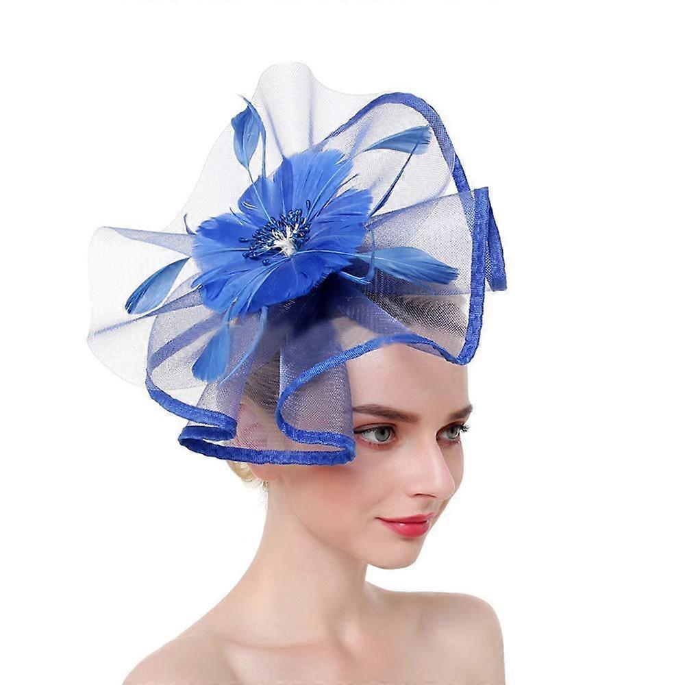 Mesh Hair Jewellery Clips for Women, Blue Feather Fascinator Hat with Net Veil for Cocktail and Wedding Parties