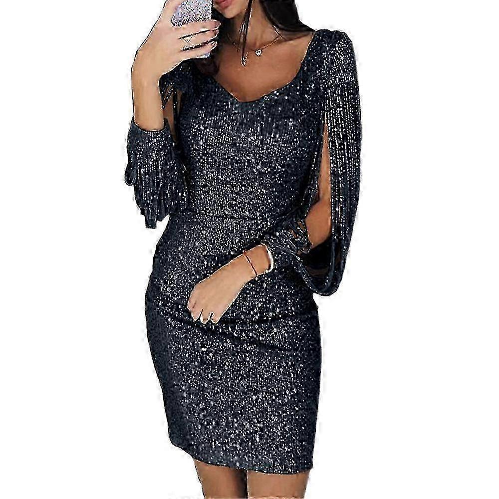 Mini robe à manches pompons à paillettes pour femmes - Tenue de soirée à col en V uni, robe courte ajustée dans les grandes tailles disponibles