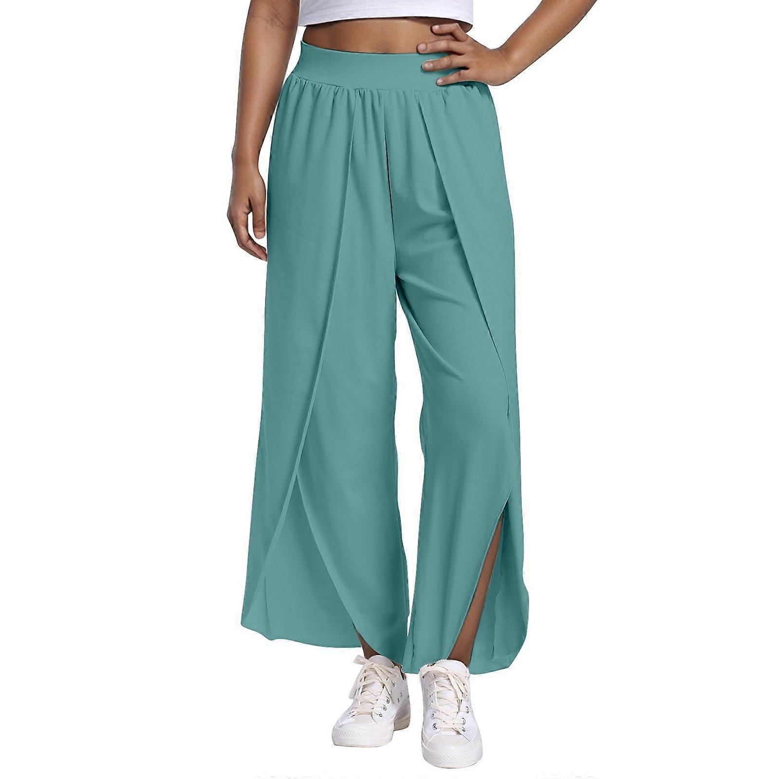 Low Waist Summer Pants for Women with Slits, Loose Palazzo Trousers, Large Size, Green, Comfortable Yoga Pants A04