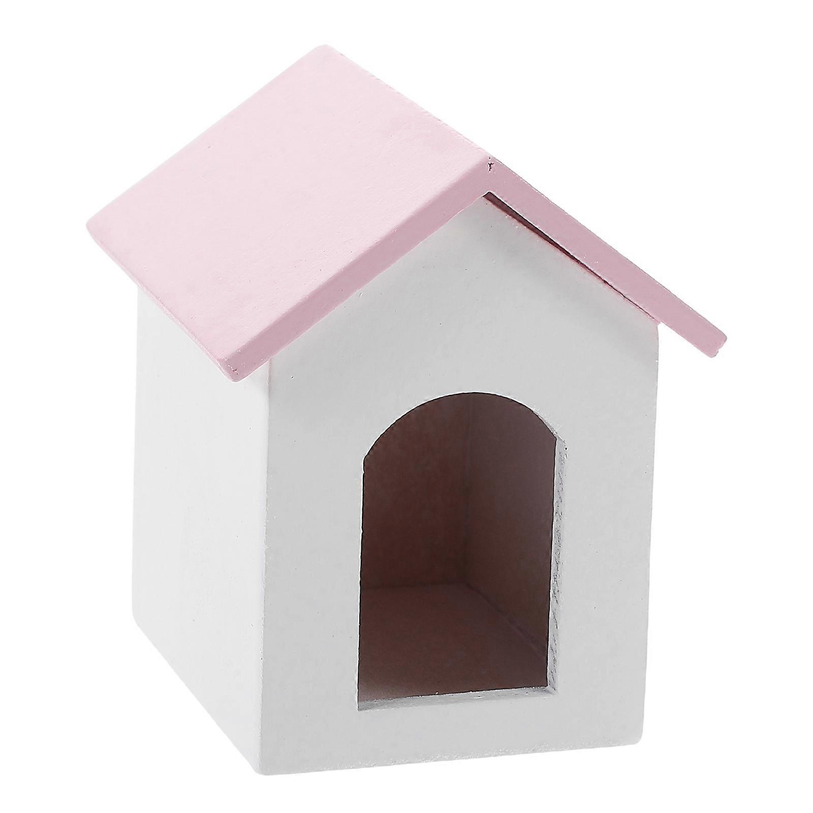 Miniature Display Dog House With Pink Roof For 1:12 Scale Dollhouse Furniture And Indoor Display 1Pack