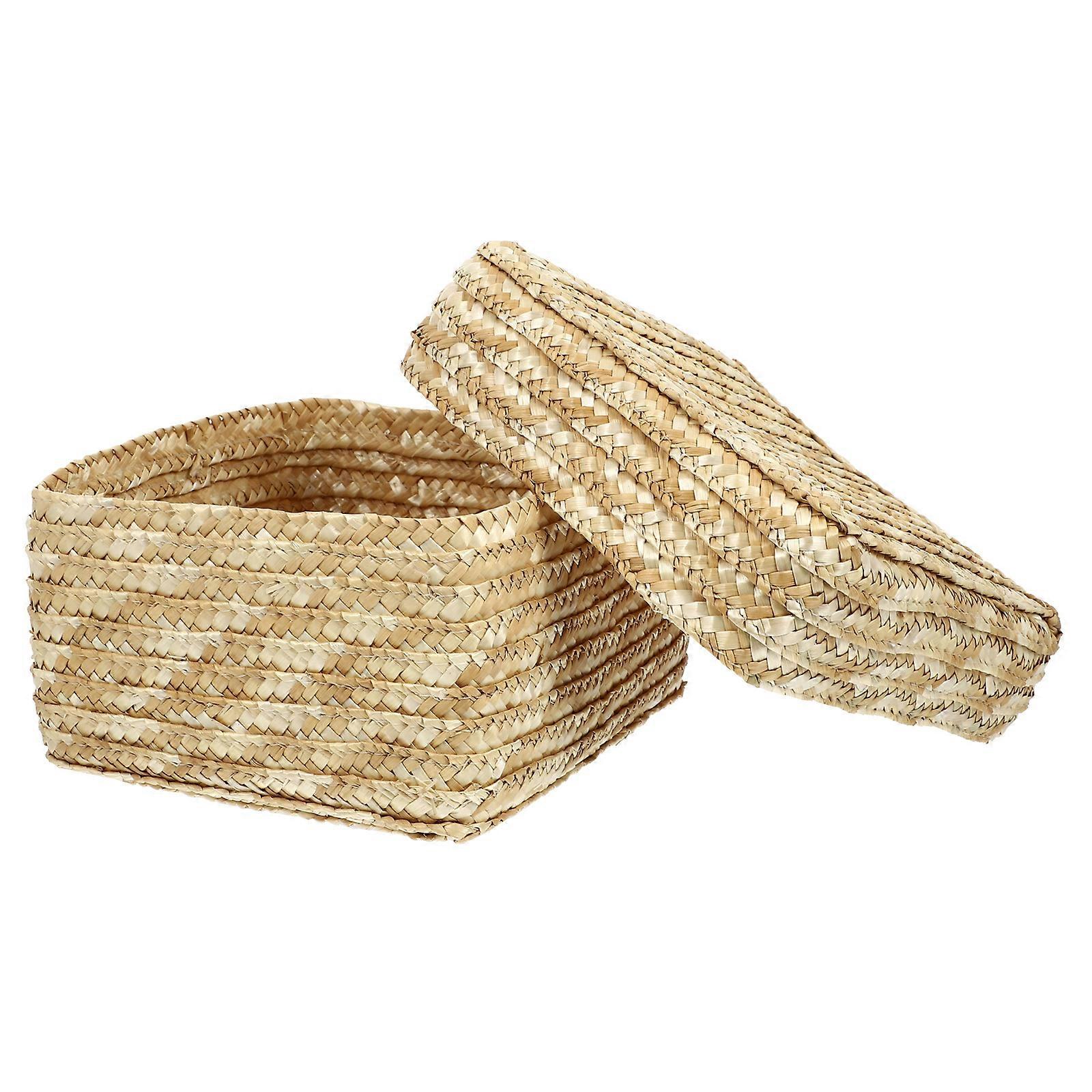 Khaki Woven Basket with Lid for Storage 1Pcs Chic Straw Storage Basket