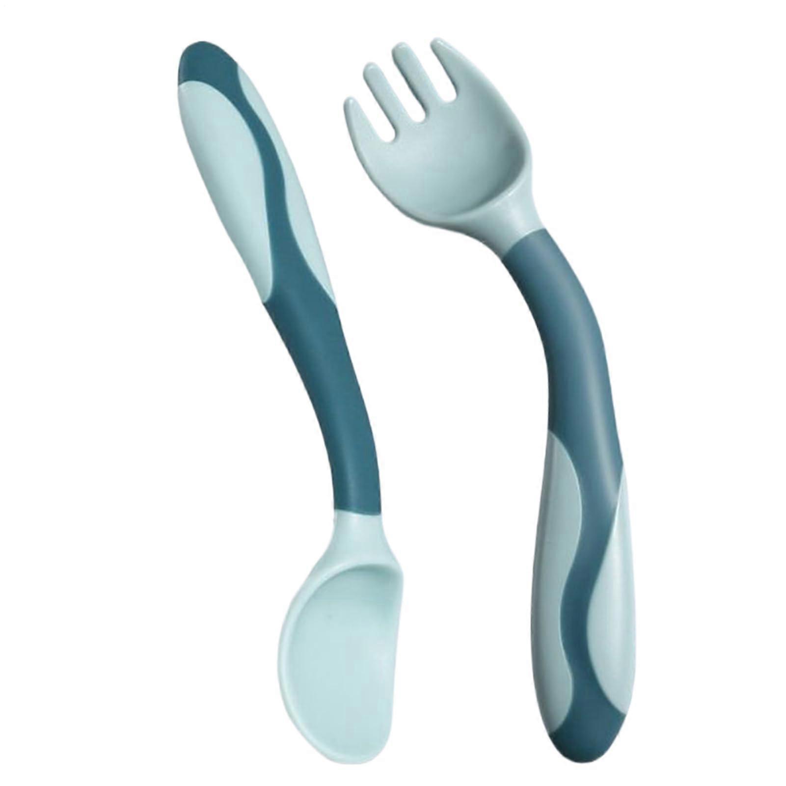 Baby Utensils Set,Bendable Feeding Spoon Forks Ergonomic Grip Learning Flatware for Boys Girls, Led Weaning Utensils Set for First Stage Blue