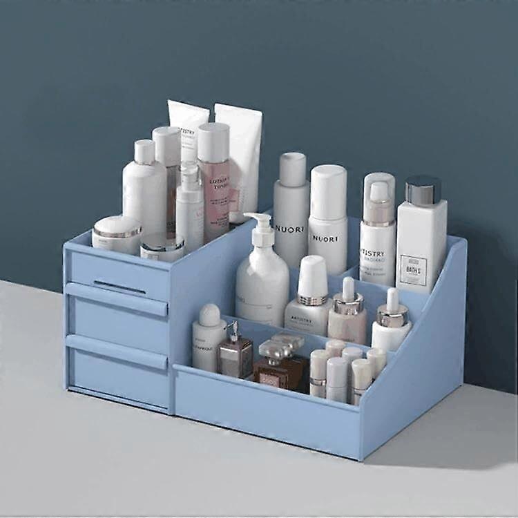 Cosmetic Organizer With 2 Drawers, Makeup Storage Container, Multi-Compartment Desktop Holder For Skincare, White/Blue