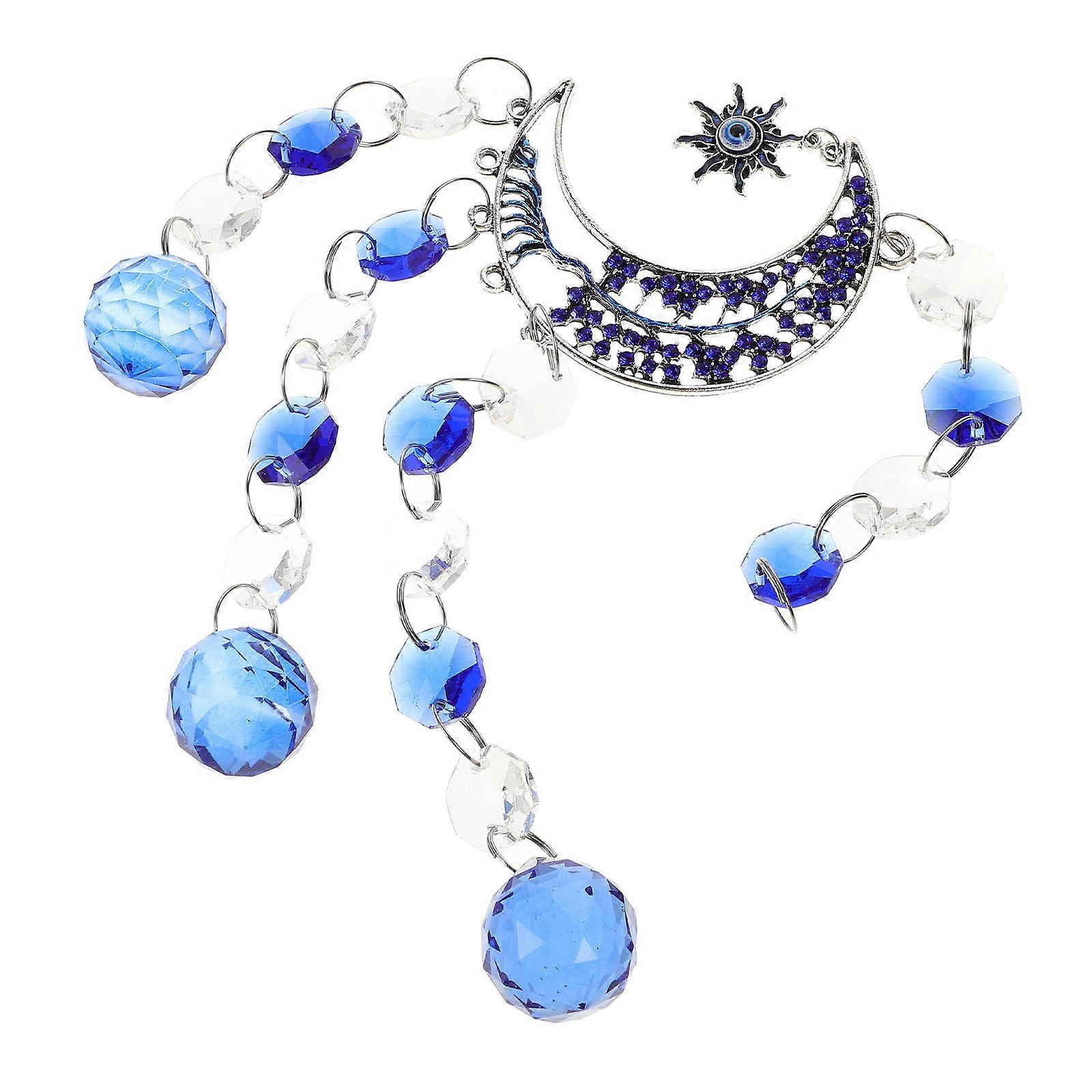 Blue Crystal Sun Catcher Hanging Ornament for Window 2Pcs Sun and Moon