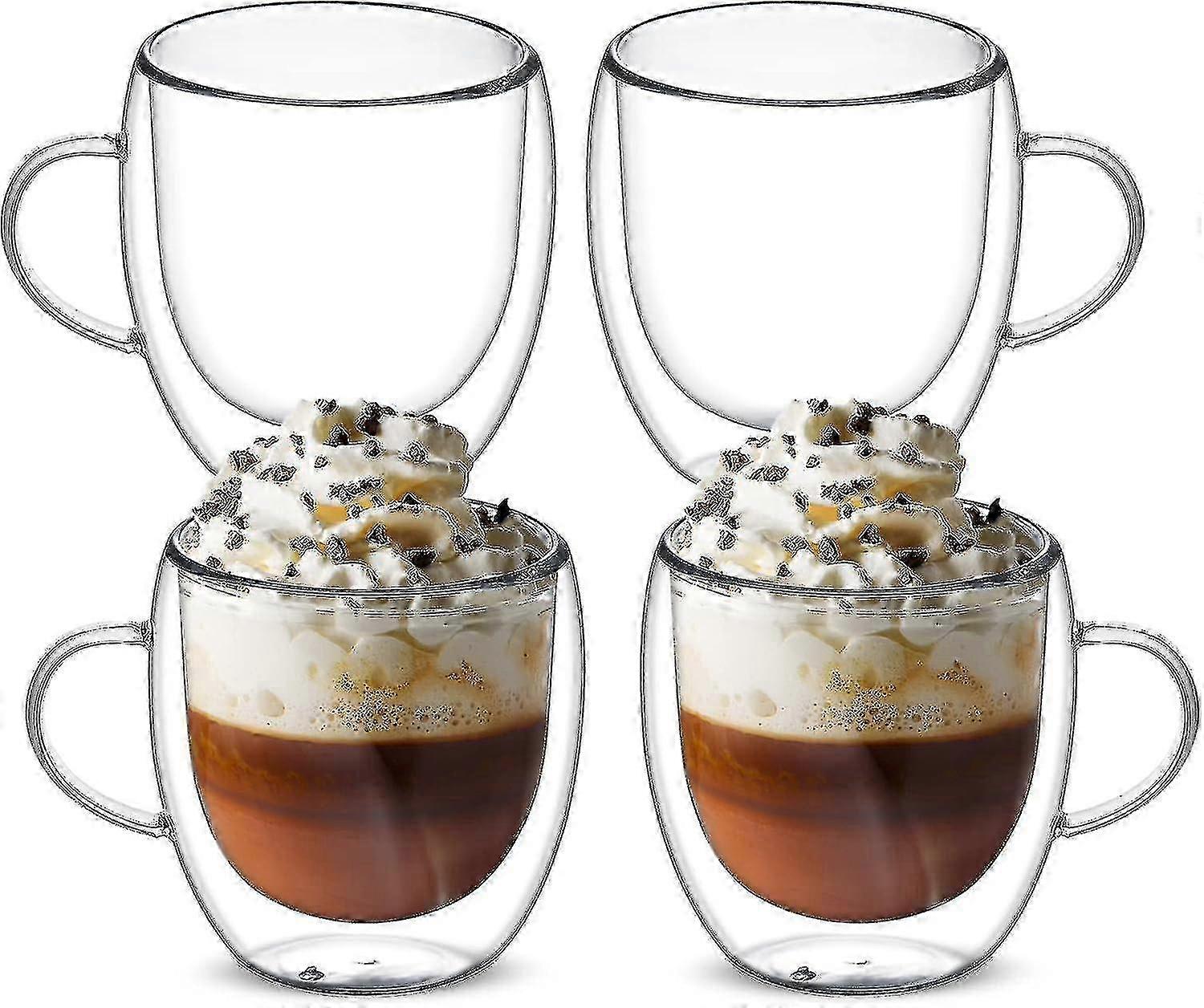 Double-walled glass cups, 4-piece set with handles, 250ml insulated coffee mugs