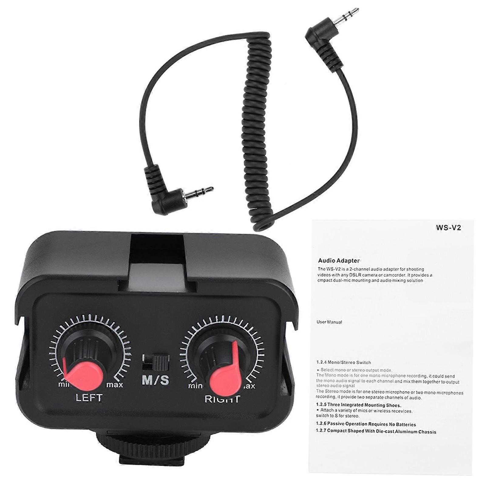 محول صوت ميكروفون عالمي ثنائي القناة WS-V2 مع مدخلات 3.5 مم لكاميرات DSLR