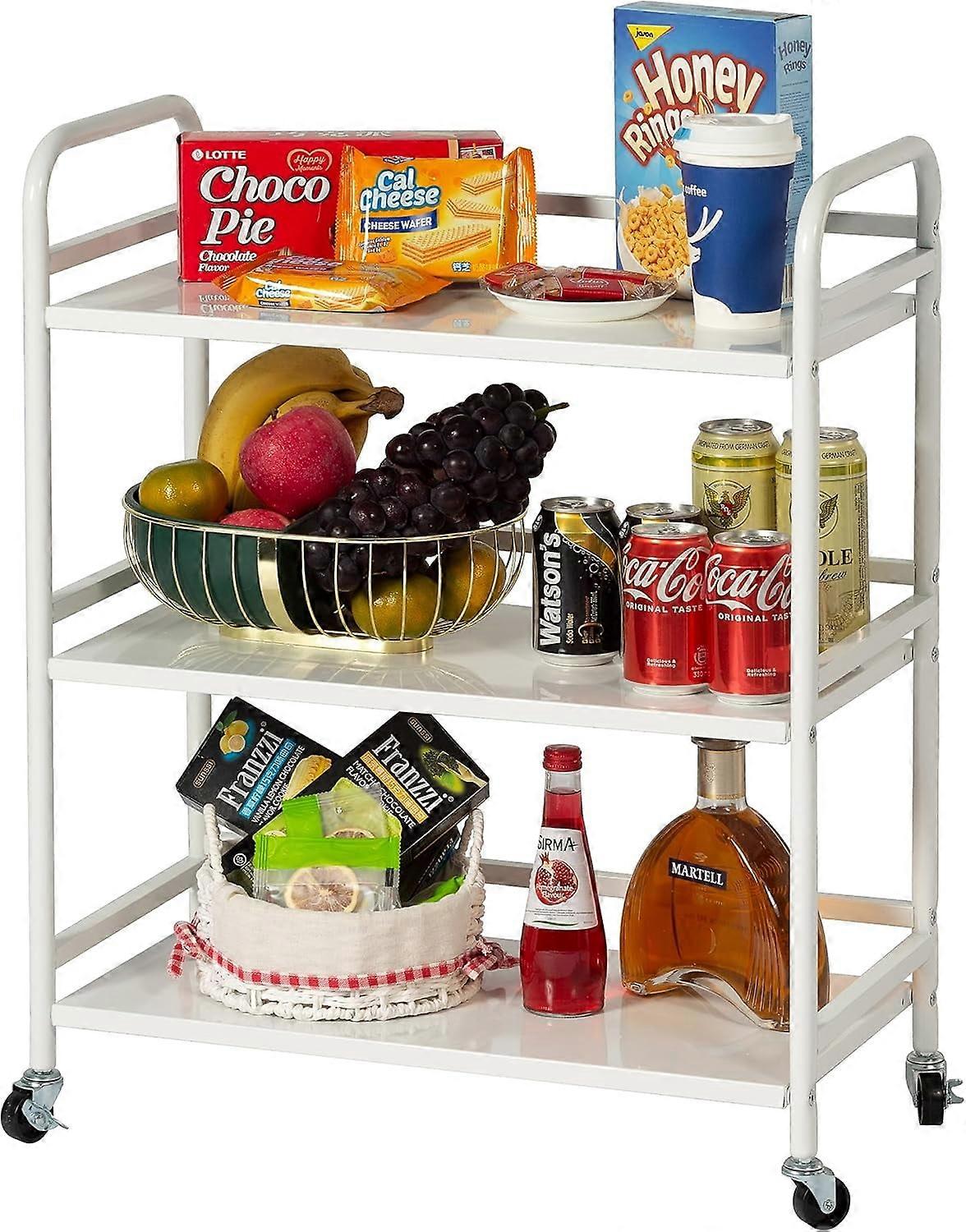 3-Tier Rolling Cart with Lockable Wheels, Sturdy Build & Solid Shelves, Recessed Screws, 23.6"x11.8"x29.5", White