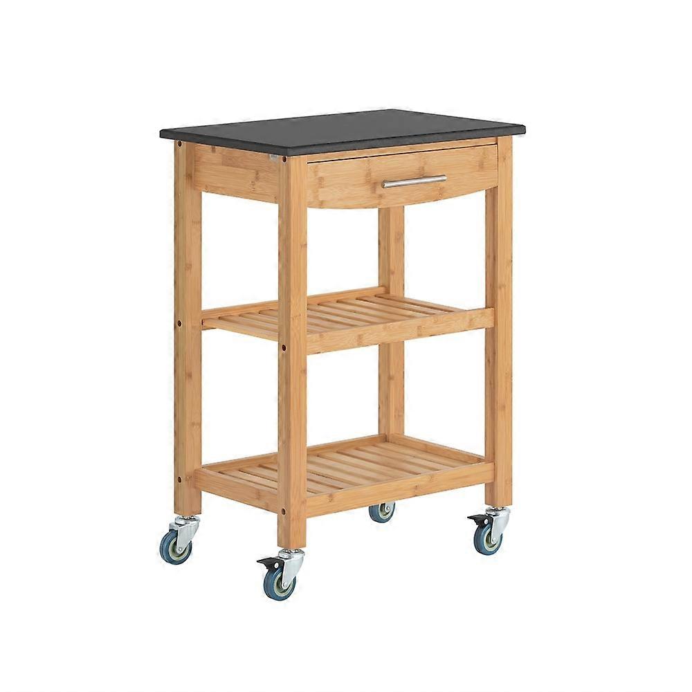 SoBuy FKW28-SCH,Outdoor Bamboo Serving Cart with Granite Top and Wheels, Kitchen Island Cart with Butcher Block, Mobile Bar Trolley for Patio, Garden