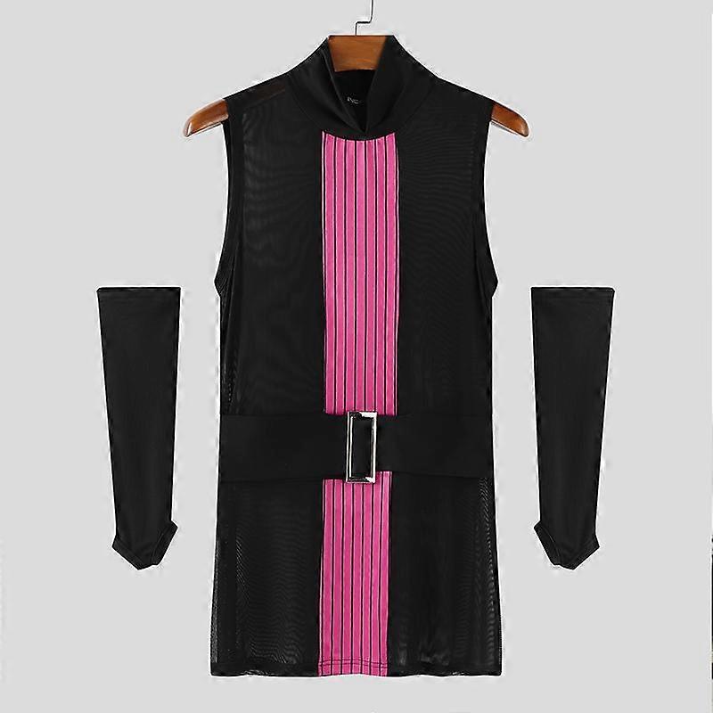 INCERUN Men Sleeveless Striped Stitching Mesh Sheer Fitted Tank Tops with Oversleeve