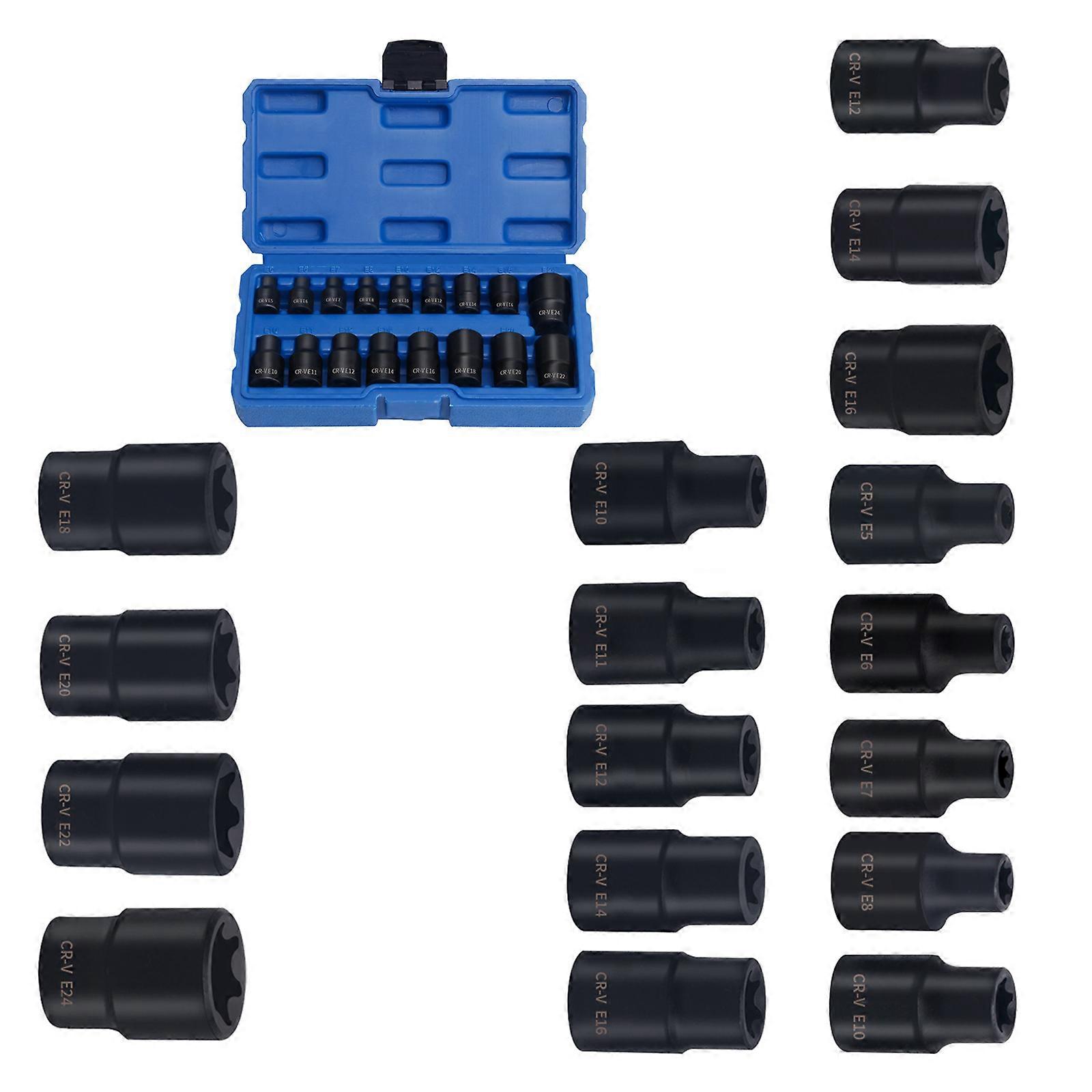 17 Piece E Type Socket Wrench Head Sleeve Set E5 to E24 with High Strength Construction for DIY Enthusiasts Technicians Multicolor