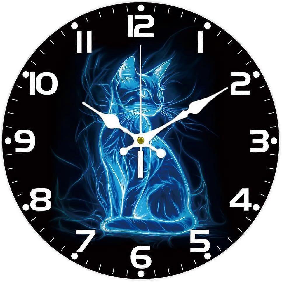 Glowing Cat Wall Clock Fluorescent Non-Ticking Clock 12 Inch Round Decorative Clocks Printed Wall Clock for Home Office Decoration
