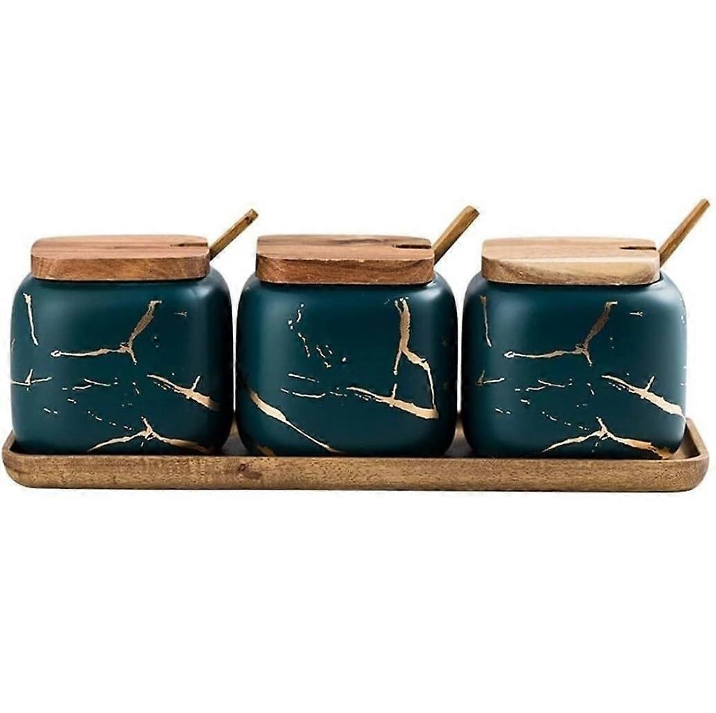 Ceramic Spice Container Set with Tray and Lids, Salt and Sugar Storage Pots with Spoons, Green