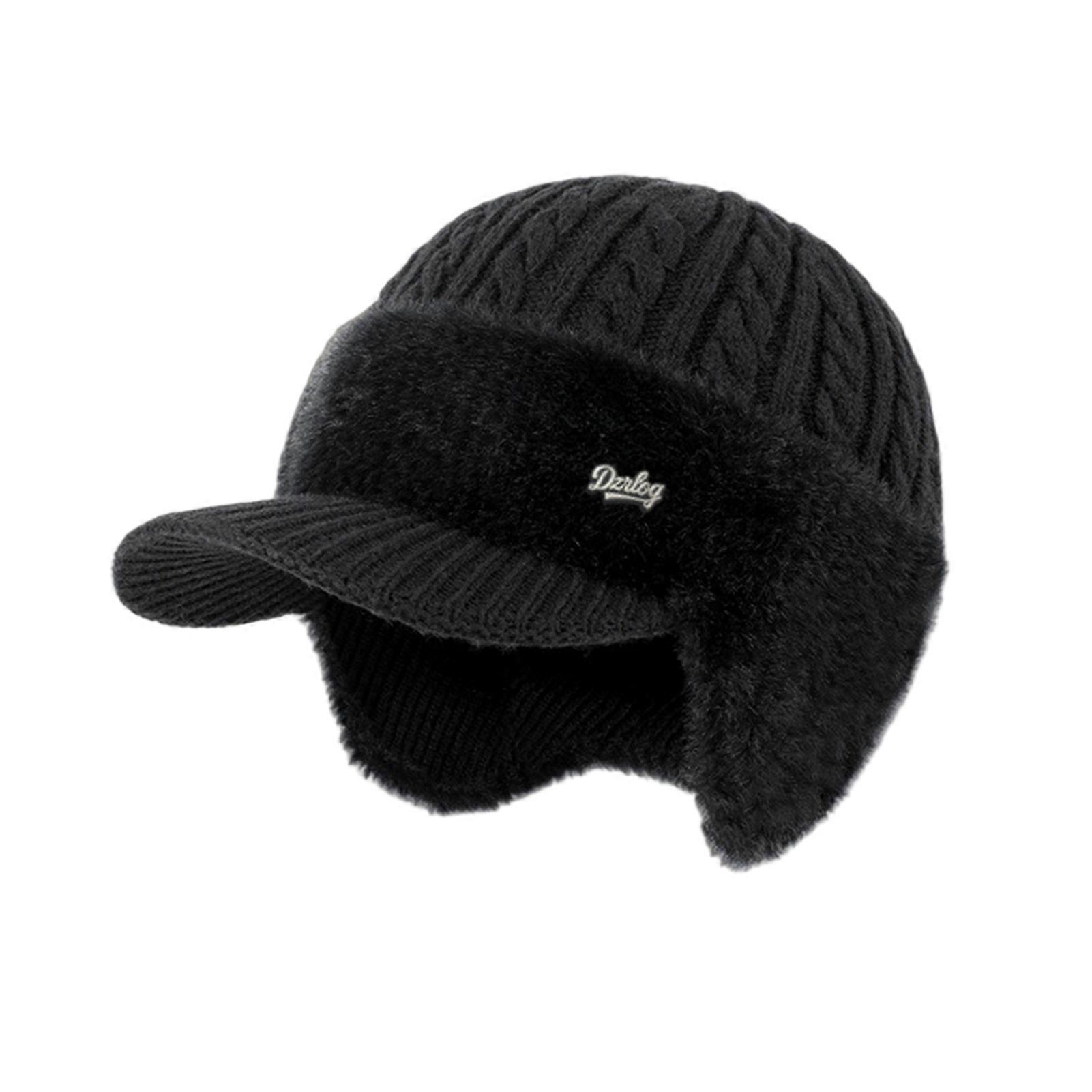 Blocking Knitted Hats with Ear Flaps and Wool Brim, Fur-Lined Warm Stylish Baseball Beanie for Men