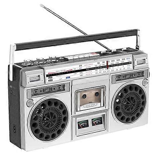 Retro Stereo System AM/FM Radio, CD & Cassette, USB/SD Input, BuiltIn Speakers, 3.5mm Headphone Jack, 80s Style Silver