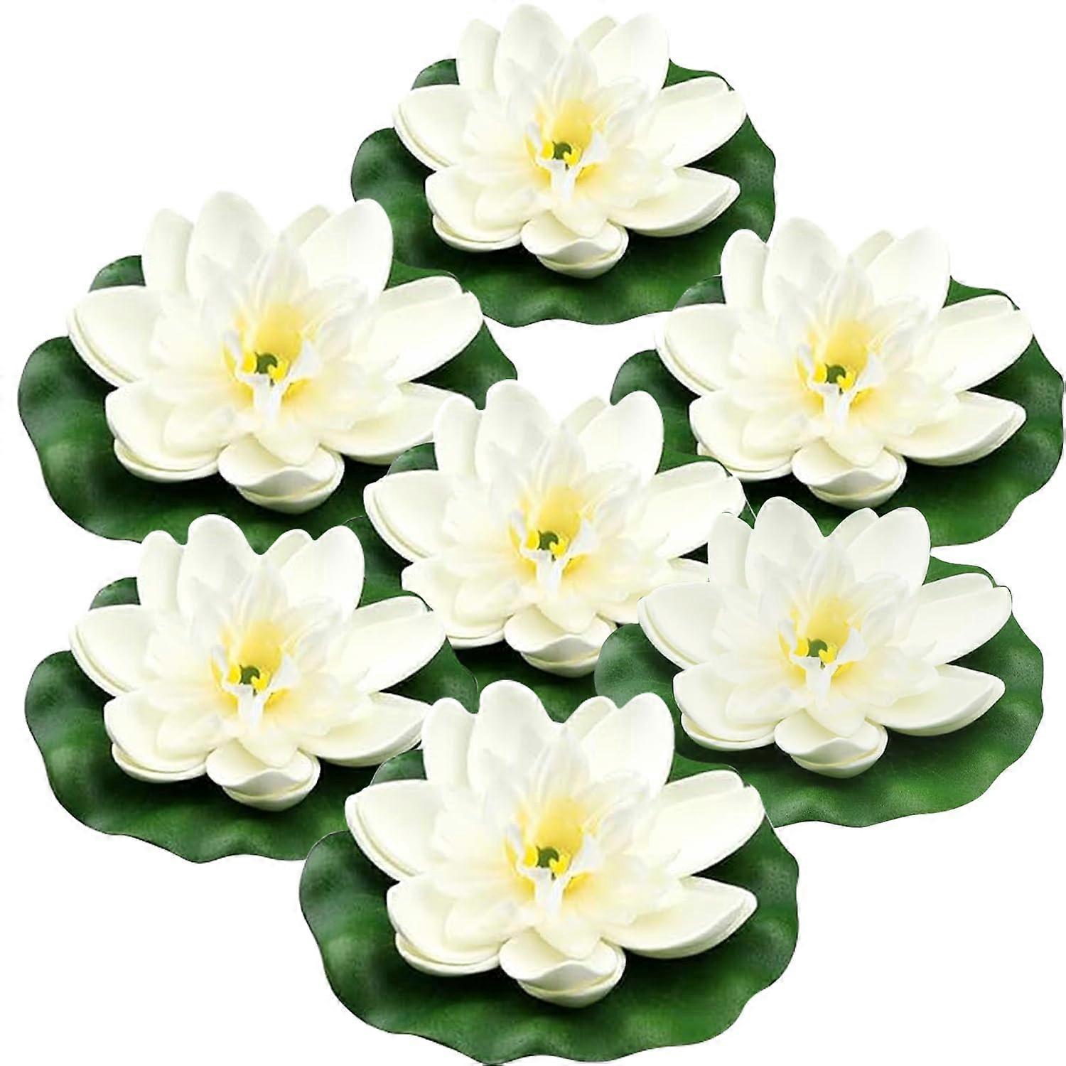 7 Pcs Artificial Floating Lotus Flowers with Water Lily Pad, Lifelike Pond and Garden Decor, White