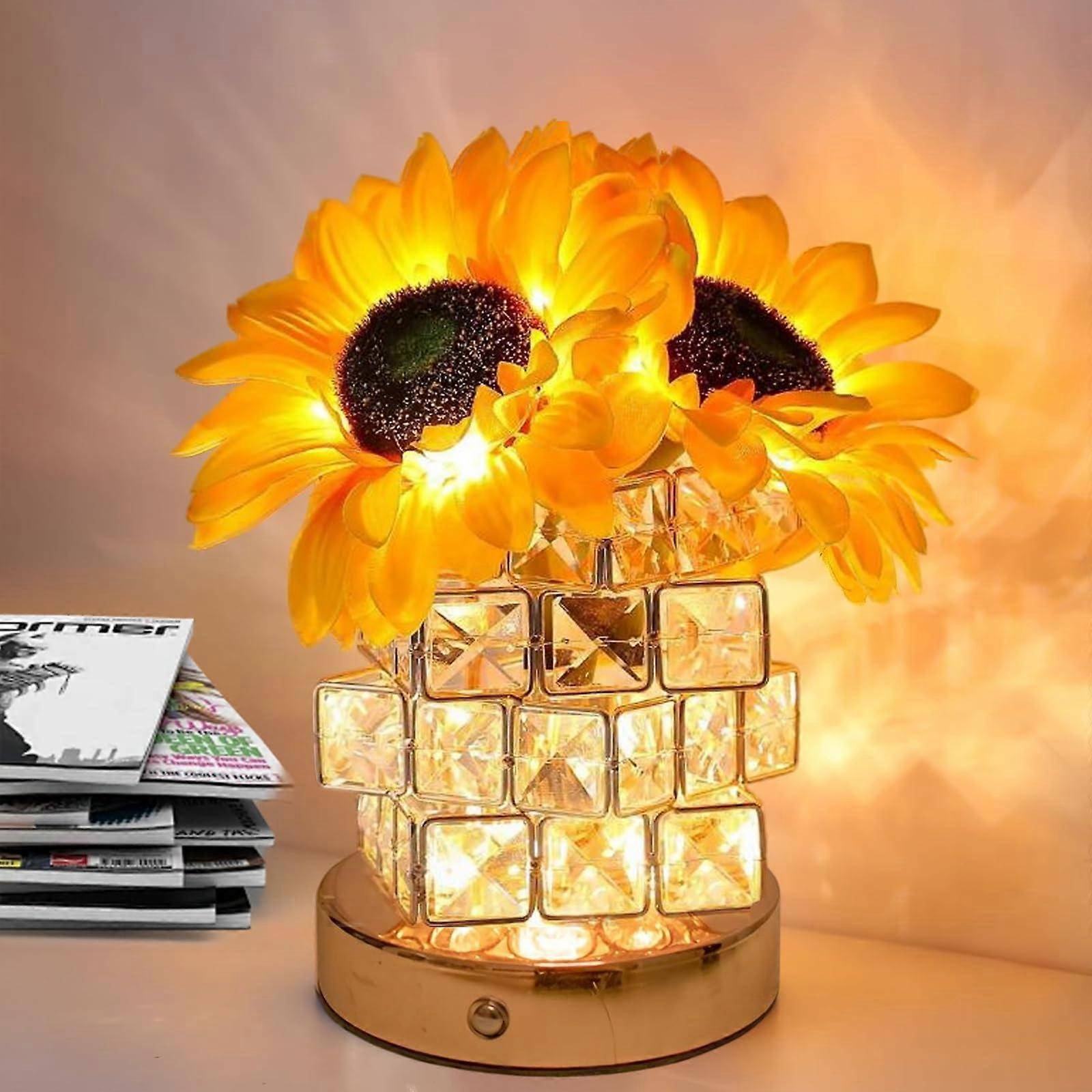 Sunflower Cordless Table Lamp Rechargeable Touch Control Dimmable Crystal Night Light for Home