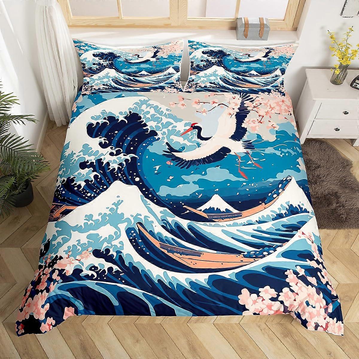 Japanese Style Duvet Cover Set Queen Size with Ocean Wave and Cherry Blossom Design, 3Pcs No Comforter