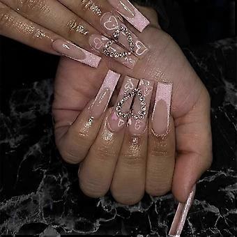 24Pcs Long Coffin Press on Nails with Glue, Glossy Acrylic Reusable French Fake Nail Set