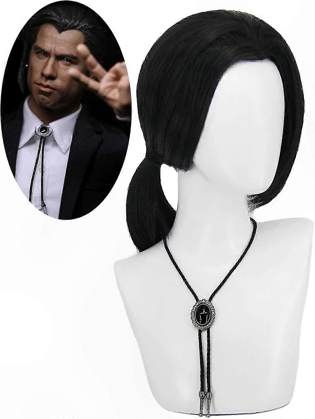 Men's Short Black Wig with Necklace