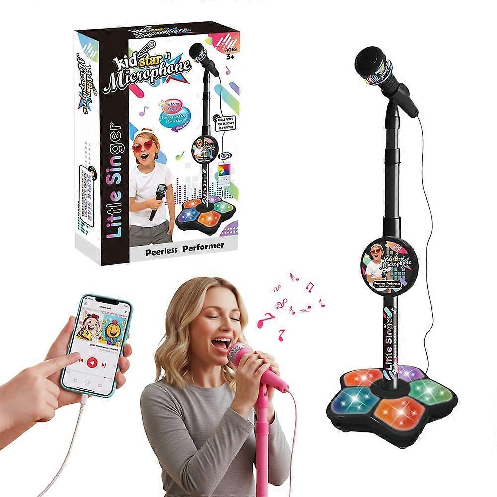 Karaoke Machine with Microphone and LED Lights, Adjustable Stand, Wired Plug and Play, Black