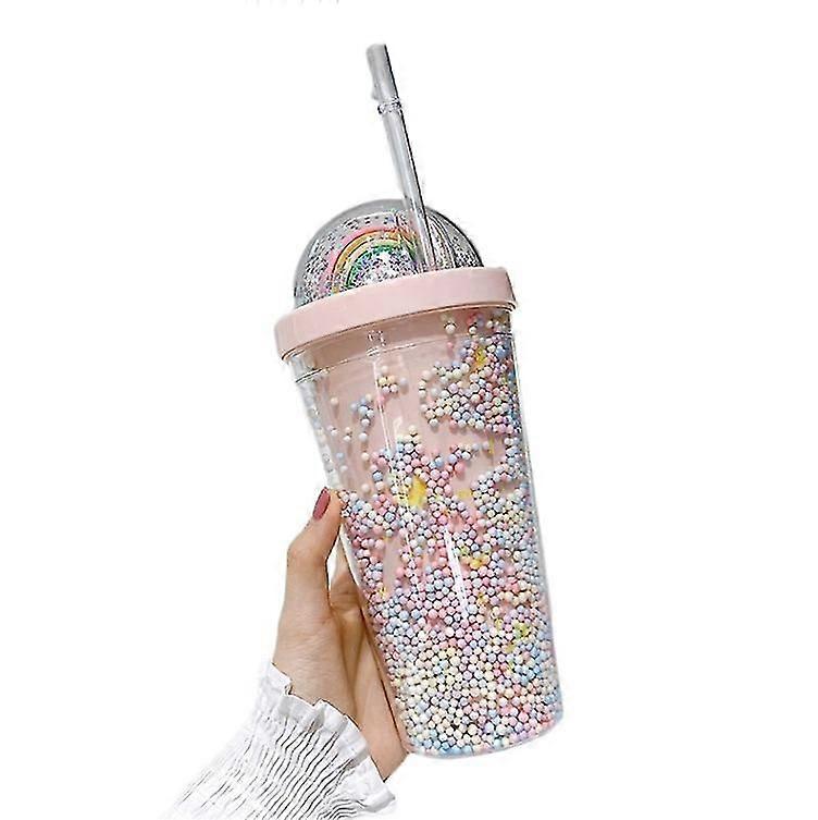 Double Layers Rainbow Plastic Water Bottle With Straw Creative 550ml Mug