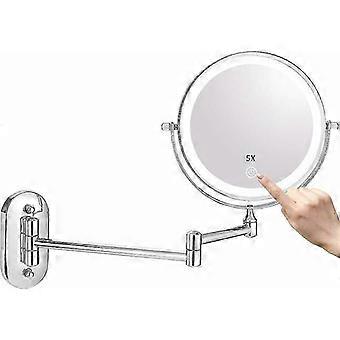 LED Lighted Wall Mounted Cosmetic Mirror with 1x/5x Magnification, Dimmable with Touch Button, Adjustable Light, 360 Rotatable and Vertical - S
